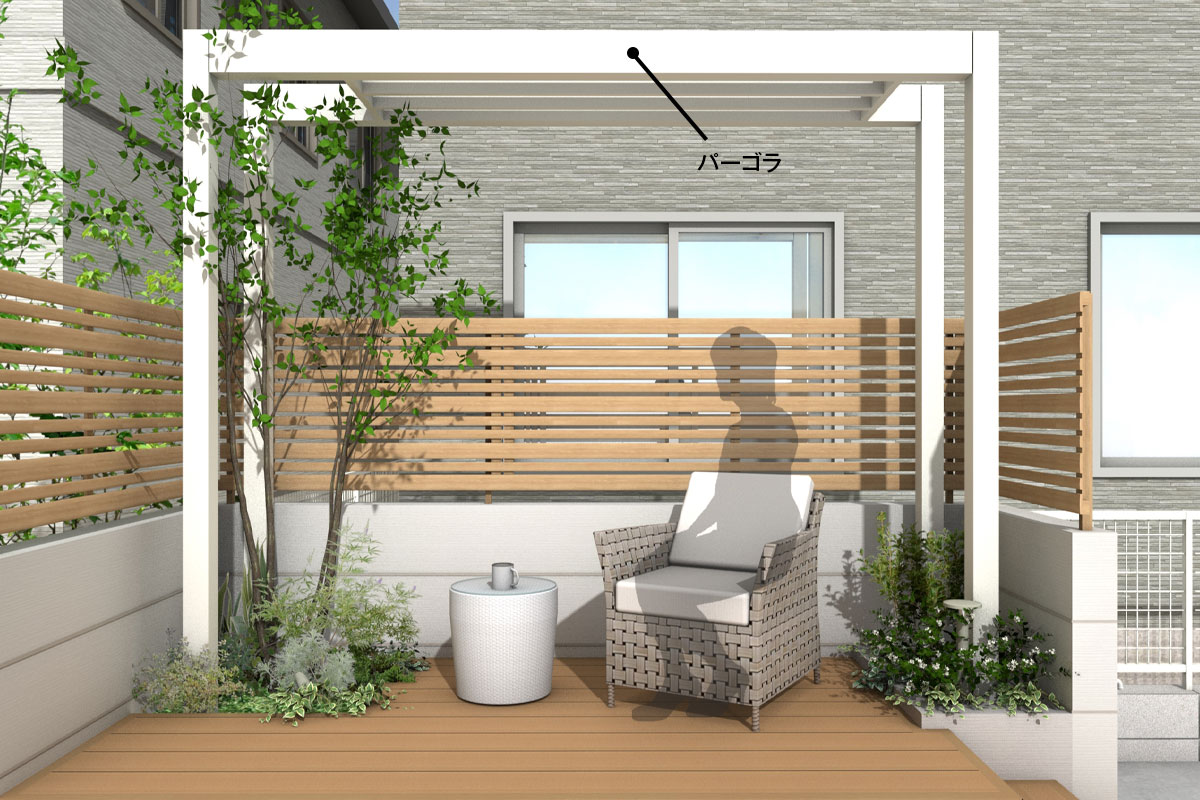 斜めのラインで奥行きを感じられる、ウッドデッキのあるお庭アイディアいっぱいお庭ブログ