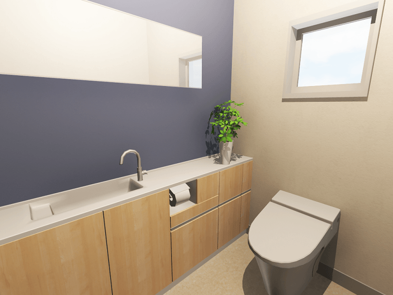 トイレネイビーのアクセントクロスに縦長の窓からの自然光が差し込むトイレ。モダンなインテリアと機能性が調和したスタイリッシュな空間です。※施工事例の為仕様品は廃番になっている場合もございます。 ・ その他の施工事例はこちらから @kazuhiro_kikuchi_