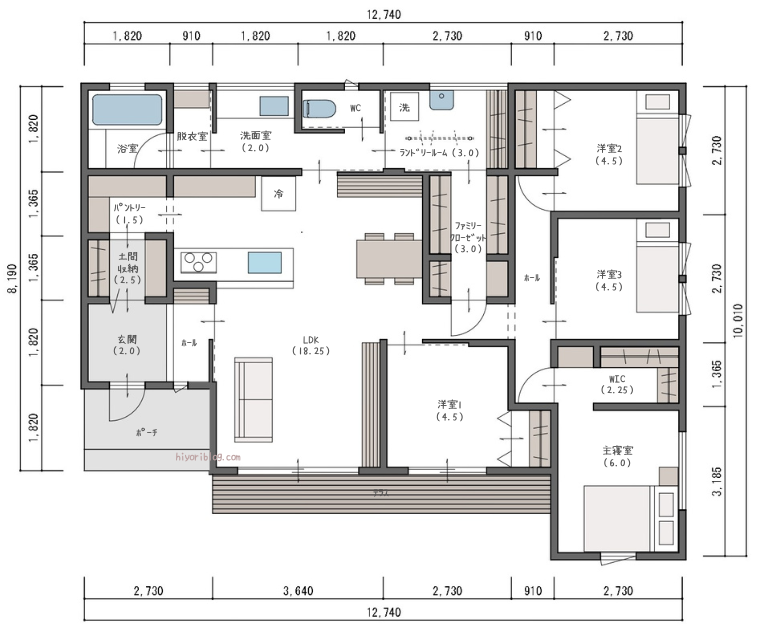 30坪ほどの2階建て住宅です ・ 1階キッチン北側に計画した収納が特徴的です ・テレビは畳スペースの西側に壁掛けにすると、料理中も見られるし、ダイニングからも見られます ・ 2階寝室とウォークインクローゼットは階段の壁でゆるく仕切りました・ 子供室は少し広めの6
