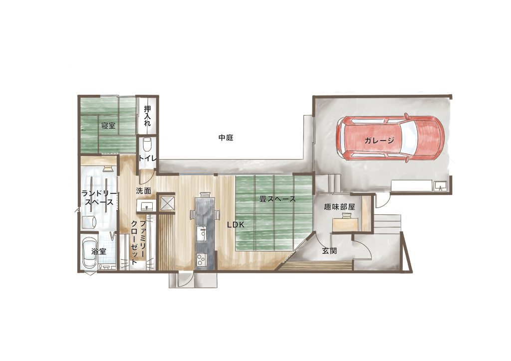 No.18 27坪平屋 リゾートハウスのような外観のゆったり間取りの家狭小住宅 20坪・30坪 の間取りは都市工房 江戸川区・葛飾区・墨田区