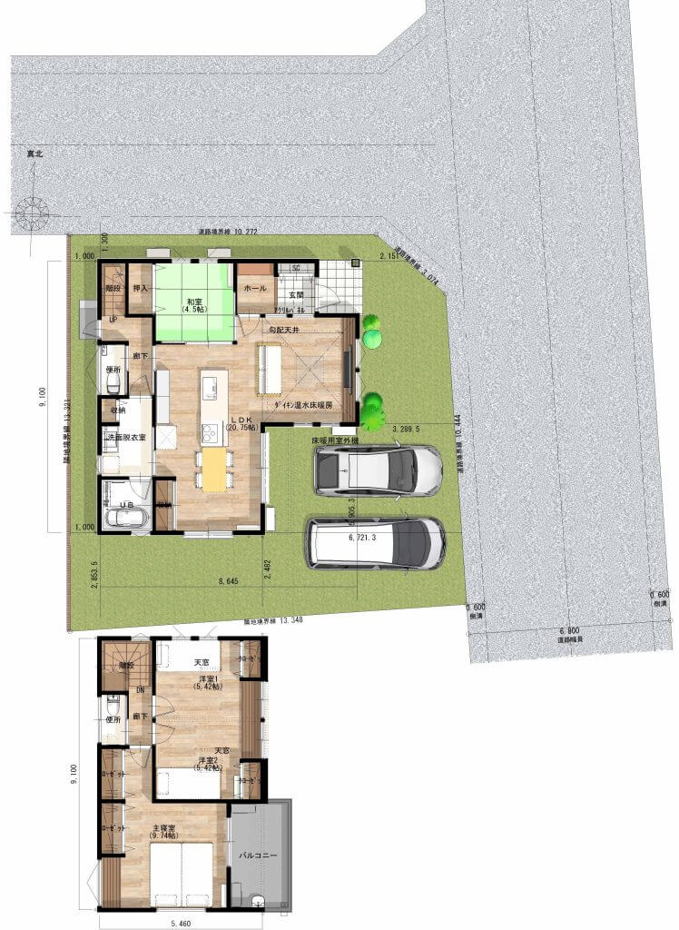 間取り平屋平面図日本庭園縁側ウッドデッキ庭デザイン外構デザイン畳コーナー二間続き和室和室和モダン庭付の家シューズクローク建築学生手描き図面