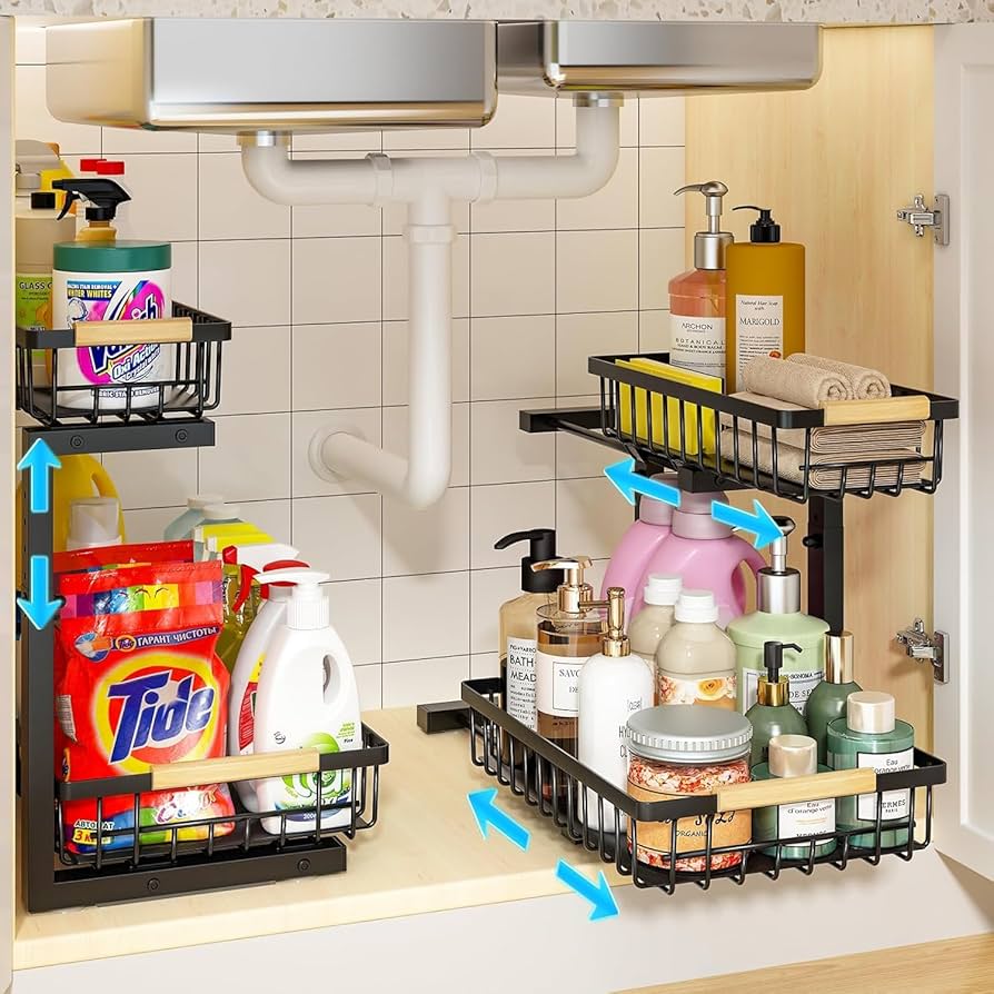 シンク下収納 スライドラック 2段式 引き出し キッチン収納 金属製 観音開き扉 洗面台下 流し台下収納 スライド式 高さ調節可能 収納ラック組立簡単 キッチンラック 整理整頓 スペース活用 調理器具 キッチン雑貨 調味料 卓上収納 ブラック Amazon.co.jp: HASONA シンク