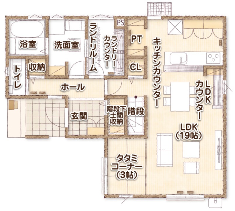 夫婦で住む細長い敷地の平屋の間取り図27坪3LDK理想の間取り