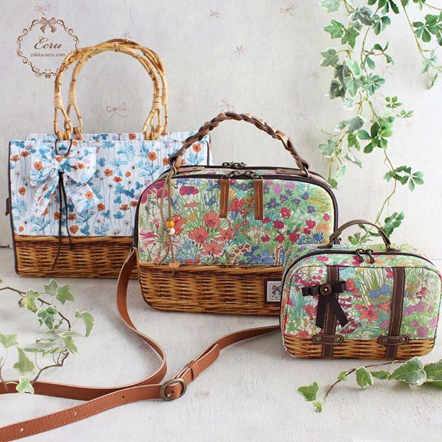 トリックバスケット生地の丸底かご柄バッグ☆内布お花畑♪ かごバッグ flora 通販 8987322Creema クリーマ