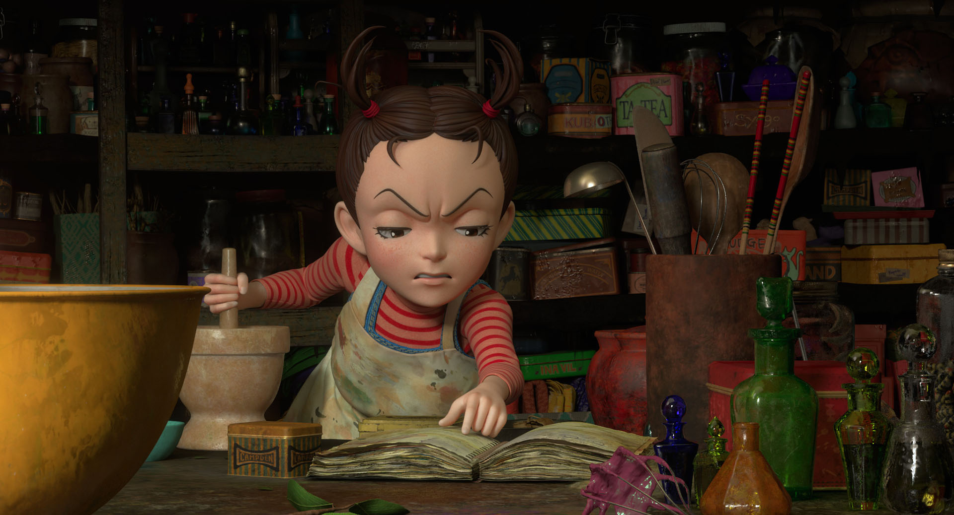 ジブリパーク 魔女の谷 アーヤと魔女の家 アーヤの部屋の穴は覗くと面白い。 ベラヤーガの作業部屋 は、何か薬草の匂いまでします。洗濯物が干してある。細かいなあ