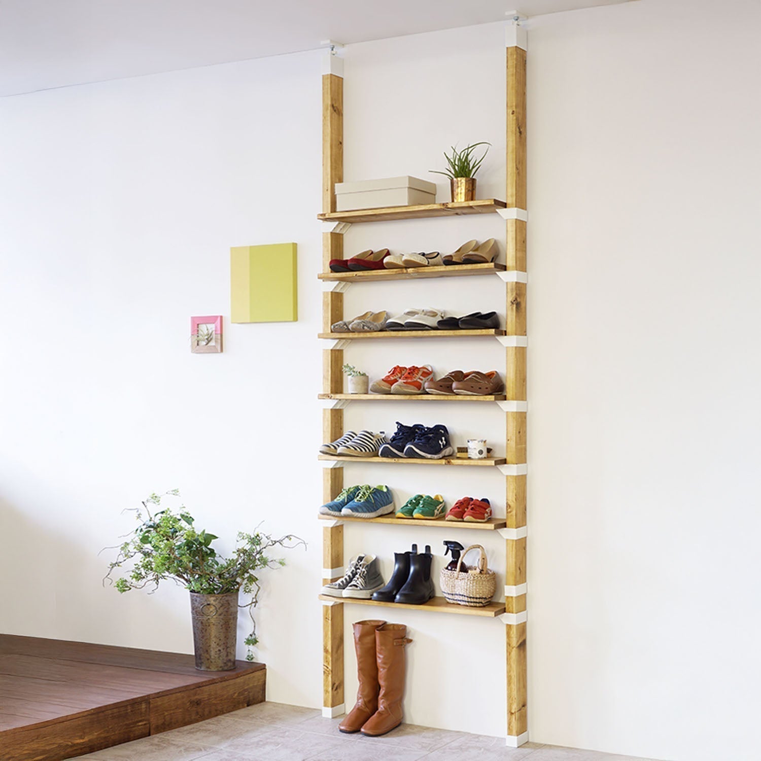 dショッピング 山崎実業 tower 石こうボード壁対応ウォールシューズラック タワー 2段タワーシリーズ シューズラック 下駄箱 靴棚 靴箱靴置き シューズボックス 玄関 靴収納 浮かせる収納 壁面収納 壁付け 二段 ホワイト ブラックブラックカテゴリ：玄関