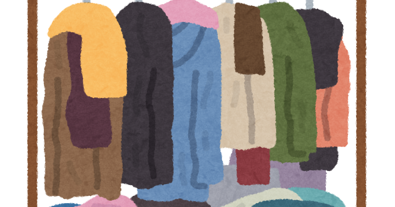 よく整理された、きちんとした服が中にあるオープンワードローブのベクトルイラスト。ラックと棚が付いたすっきりとしたクローゼット。Premiumベクトル素材