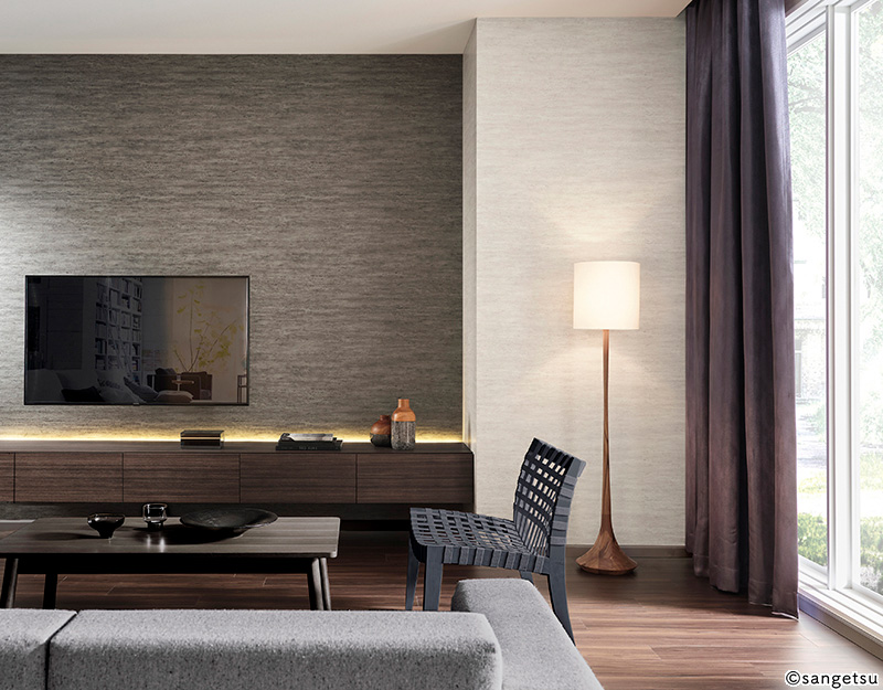 テレビの背面を石目調のブルー・グレー壁紙に張替えました。アクセントクロス張替え専門店