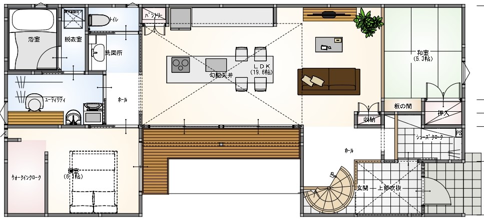 憩いの和モダン。小上がり和室のあるLDKと収納力がうれしい家フジ住宅の見学できるモデルハウス堺・南大阪・和歌山の新築一戸建て・分譲一戸建て