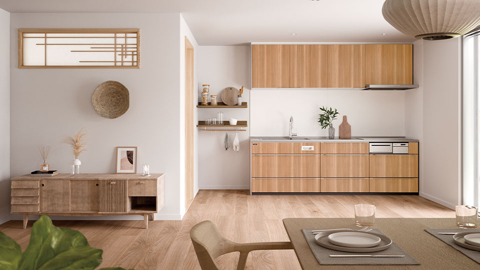 高級感のある木目柄キッチン🥖 ◁◁詳細は2枚目〜 扉一枚一枚の木目柄が しっかりとつながるリアルなデザインです。 □キッチンタカラスタンダードレミュースポルテッドビーチ □カップボード タカラスタンダード・レミューローズウッドダーク □床IKUTA