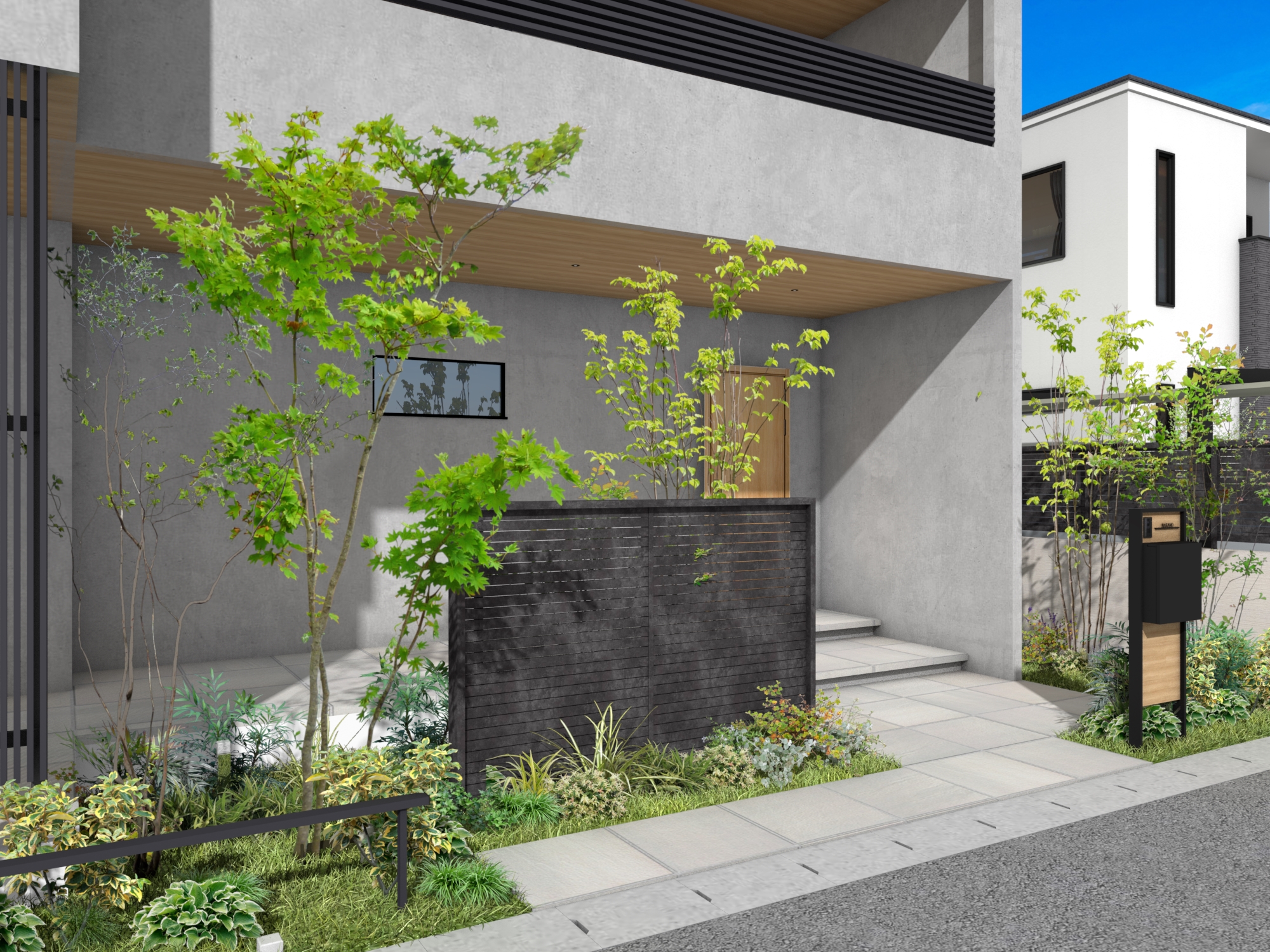 玄関をおしゃれに目隠し』 玄関ポーチの壁面には杉材を貼りました。 目隠しと風よけのルーバーは大工さんの手作りです。 他にも沢山のおうちを⁣ホームページの施工例でご紹介しています。⁣ プロフィール @housevillage_tsubamesanjo より⁣ ぜひ、ご覧ください。⁣株式