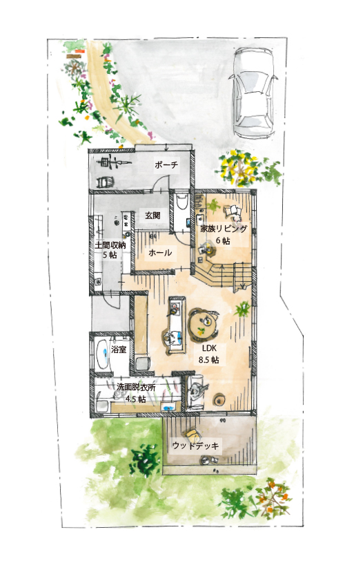 43坪 3LDK床の段差で視線をコントロール、空間にメリハリ生まれるピットリビングの家の間取り図「madree マドリー 」