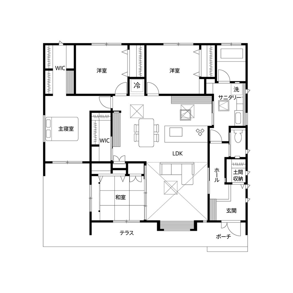 注文住宅 間取りプラン 28坪 夫婦でゆったり暮らす3LDKの平屋の間取りの家栃木県宇都宮市の工務店 薄井工務店