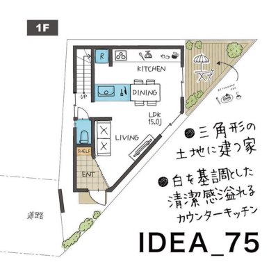 せやまどりNo.73 「変形三角形の土地を最大限に活かした1階完結型の家」の間取り図 間取り実例BE ENOUGH