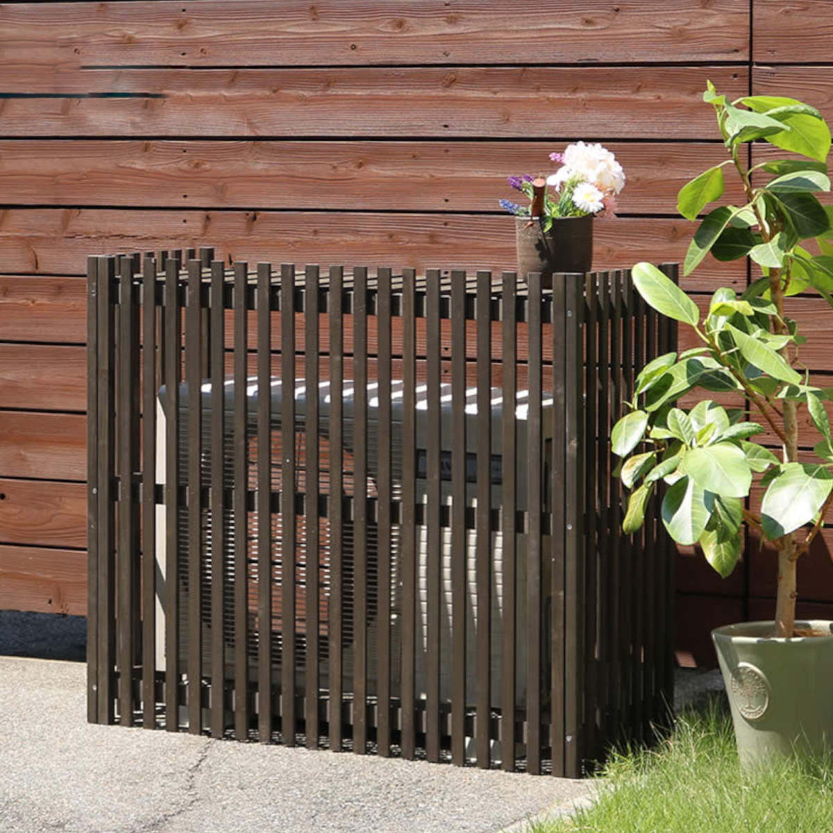 室外機カバー 縦格子 モダン MODACO モダコ 天然木 幅92.5cm縦ルーバー スタンダード 室外機 カバー 木製 日よけ フロントルーバー標準サイズ 省エネ エアコンカバー ルーバー ベランダ 屋外 木 室外機ルーバー 格子 目隠しダークブラウンエアコン関連