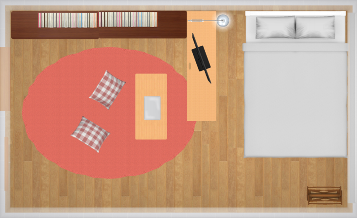 夫婦2人 8畳寝室のレイアウト。クイーンサイズベッドを置いてみた20坪の平屋でコンパクトな暮らし