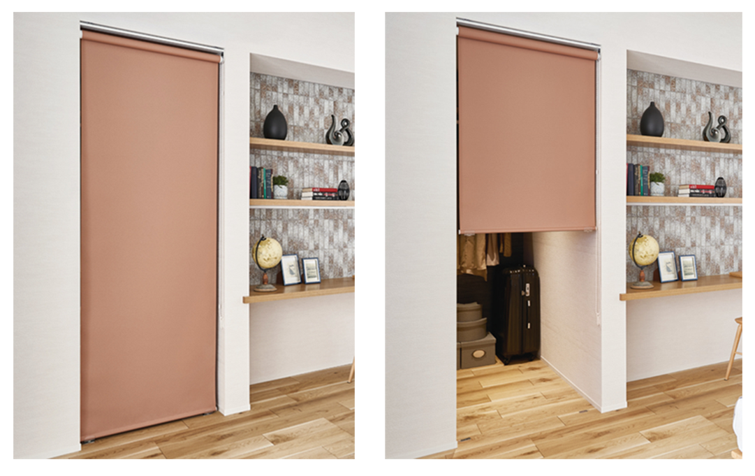 階段下のスペースを土間収納に活用し、収納力をさらにアップ。ご主人の趣味のゴルフやサーフィンの道具もすっきり収納できる。ロールスクリーンを下ろ