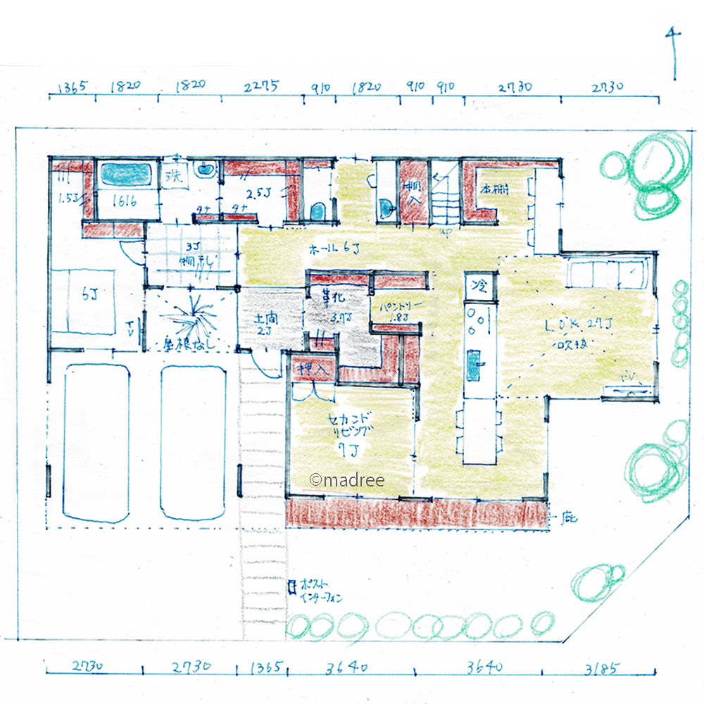 ▷🌱 手書き図面の書き方 公開中🌱 --------------------------------------- ▽プロフURLから▽@sumaisekkei --------------------------------------- □55坪・2階建 □4LDK+応接間最近少なくなった洋風住宅。ツインの三角屋根のファサードが印象的。近所に建って