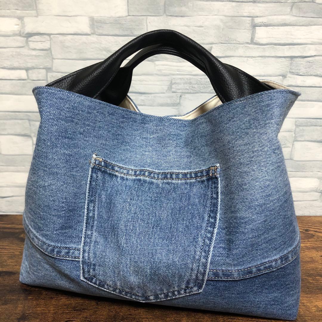 デニムリメイク トートバッグ Lトートバッグ作り方 ポケット付きトートバッグ作ってみた ジーンズ