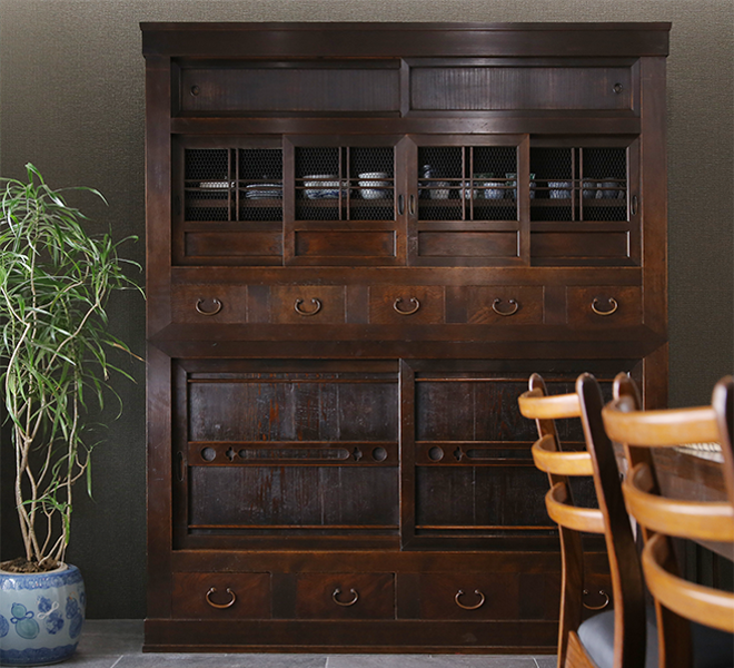 90幅 カップボード 鎌倉 食器棚 キッチンボード キッチン収納 カップボード ダイニングボード カウンター付き 桐 和風モダン 90cm かまくら和モダン シンプル ダークブラウン色マイナビふるさと納税