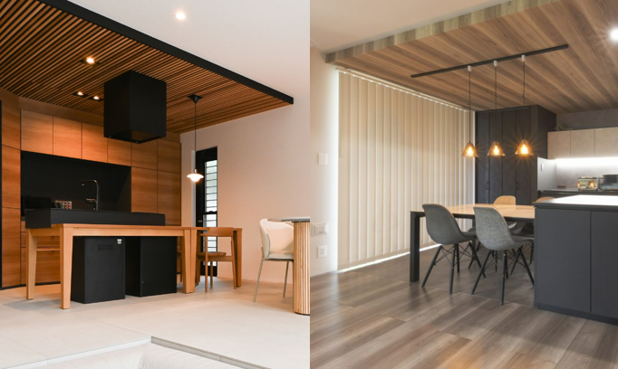 グレージュカラーでコーディネートしたLDK。折上げ天井と間接照明でアクセントを くふうイエタテ