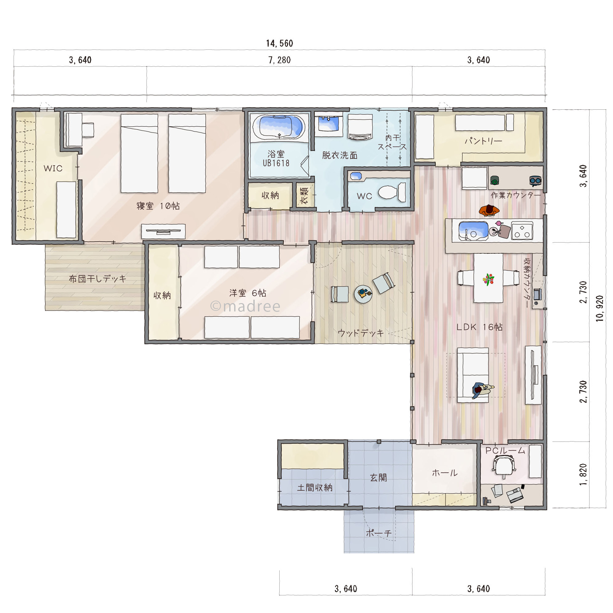 ４０坪5LDK中庭のある家の間取り理想の間取り