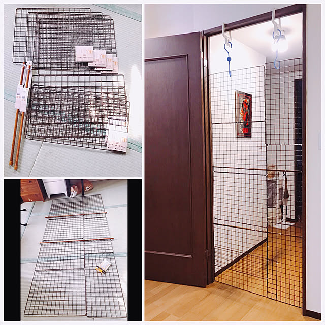 本日のDIY 猫がキッチンに入ってイタズラばっかりするので、100均とホームセンターで材料買って簡易の柵作りました。自動で閉まるように輪ゴムで繋いでみました。ワイヤーネットラブリコキャスター付き半自動扉猫イタズラ防止柵DIY