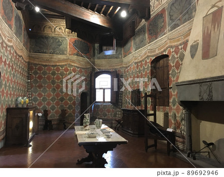 古代の城、ヨーロッパのビンテージ キッチン ルーム。伝統的なヨーロッパの建築、観光や旅行の有名な場所、中世の料理のインテリア、食器、調理器具Premium写真