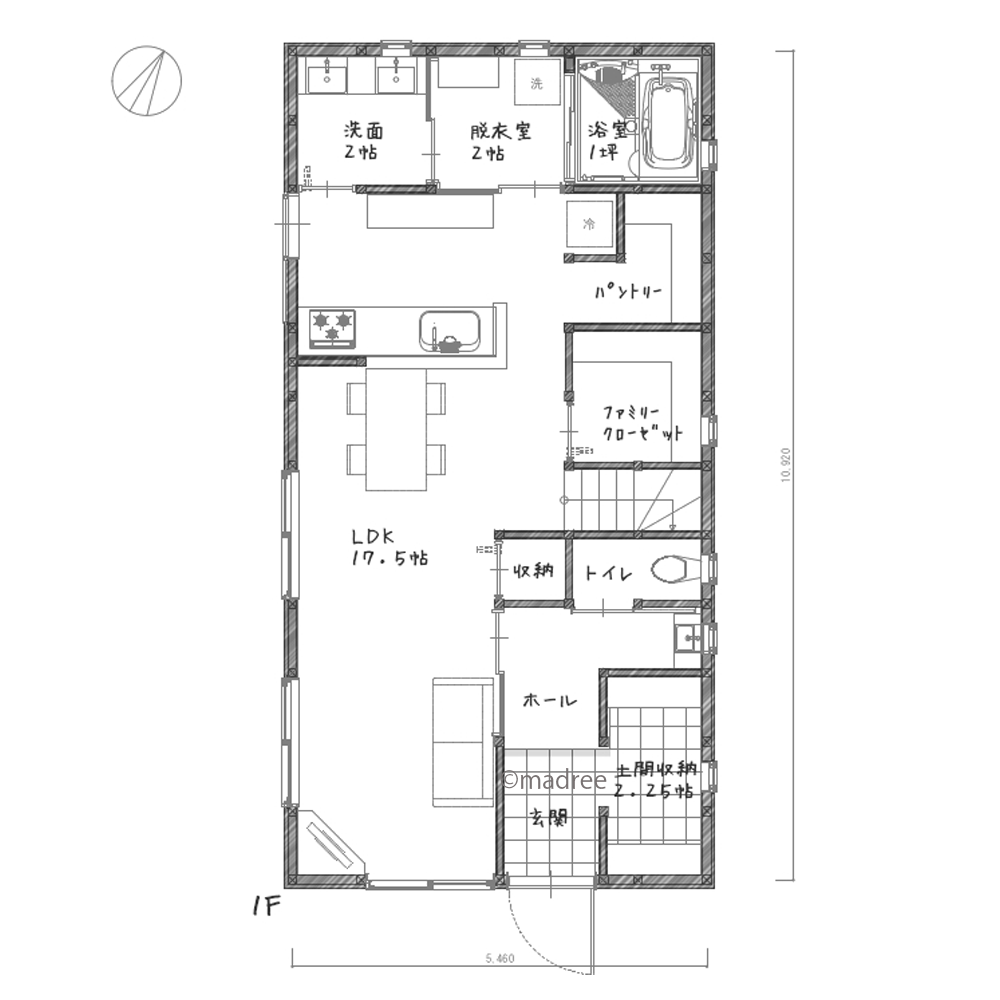 33坪 4LDK縦長の土地を一工夫、陽当たり良く子育てしやすい家の間取り図「madree マドリー 」